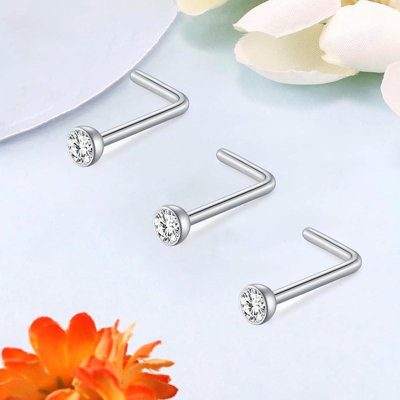 D.Bella 16G 18G 20G 22G L Shaped Nose Studs Surgical Steel 1.5mm 2mm 2.5mm 3mm Clear Colorful Diamond CZ Nose Rings Studs Nose Rings for Women Nose Nostril Piercing Jewerly Silver Gold Rose Gold Black - Image 3